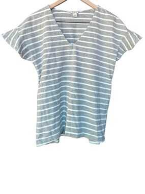 J. Crew Striped Flutter Sleeve V-Neck Tee Shirt | Gray & White | Size M